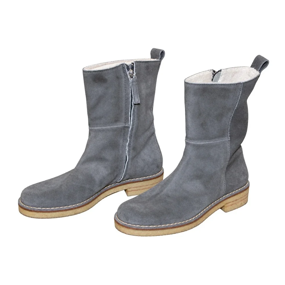 VTG Vicini TAPEET Suede Faux Fur Lined Crepe Sole Mid Calf Boots Women 37/7 Grey